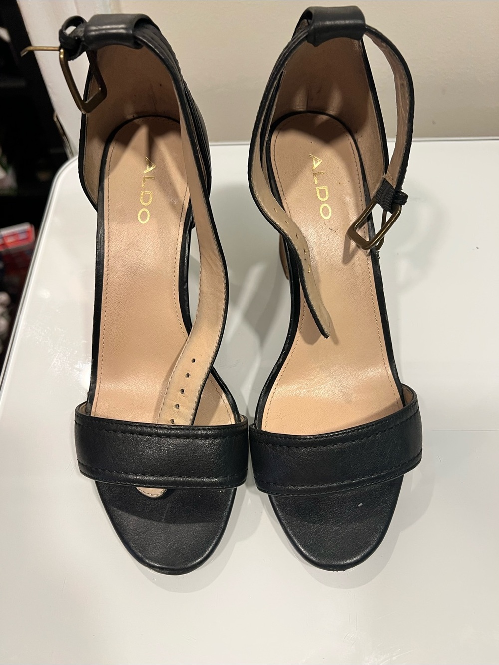 ALDO Black Leather Ankle Strap Wedge Sandals Size 7